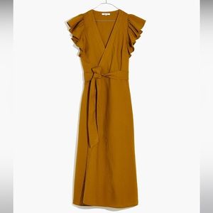 Linen-Blend Ruffle-Sleeve Wrap Midi Dress